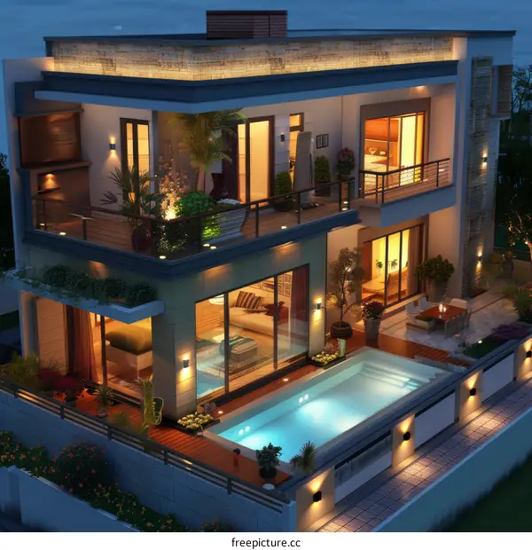 Luxury Modern Villa at Night with Pool