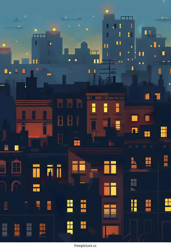 Night View of City Buildings with Lights