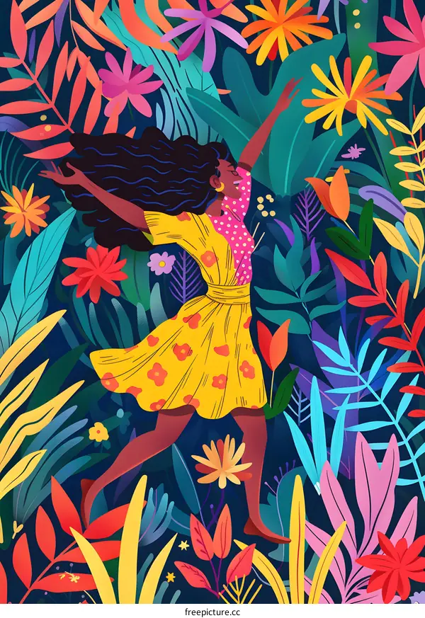African American Woman Dancing in a Field of Flowers