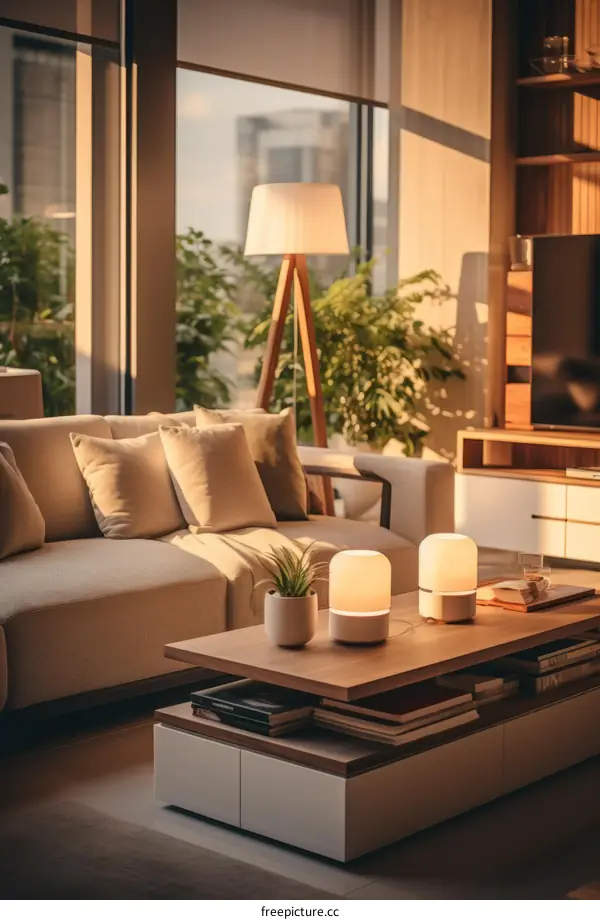 Spacious and Bright Living Room with City Sunset Views