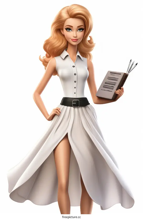 Blonde woman in white dress holding a book