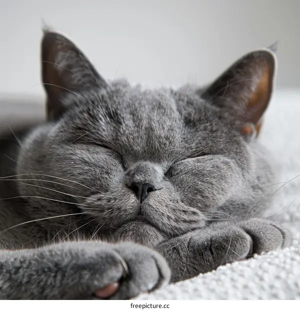 A gray British Shorthair cat is fast asleep with its paws tucked in
