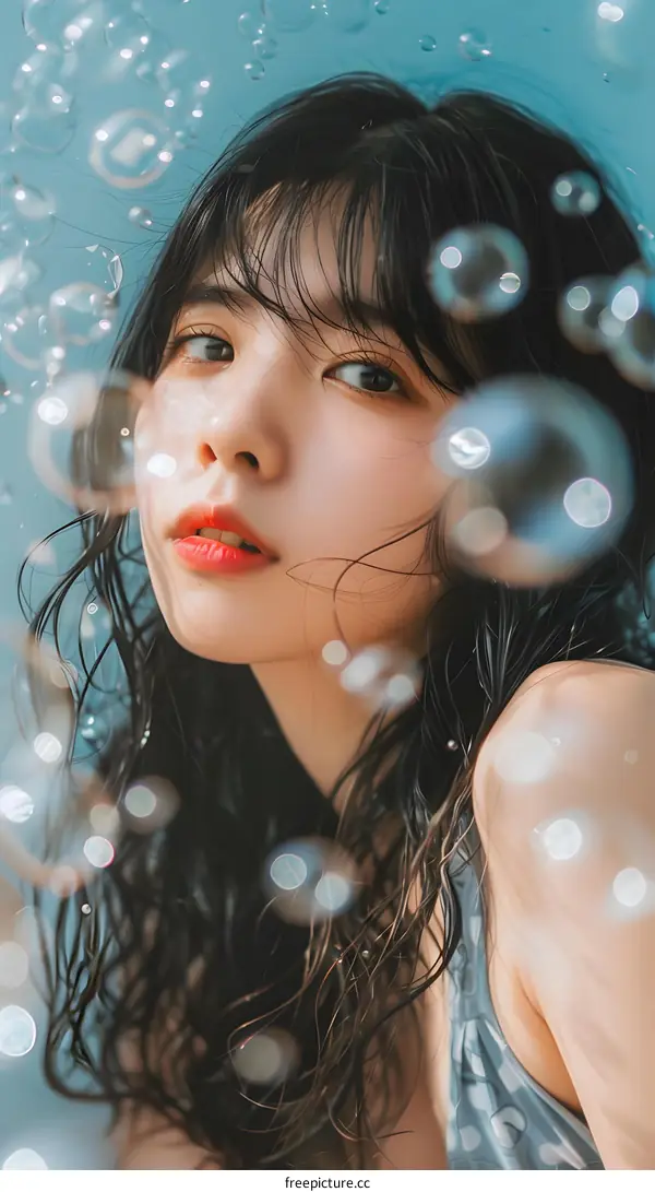 Woman with Long Black Hair Posing with Bubbles