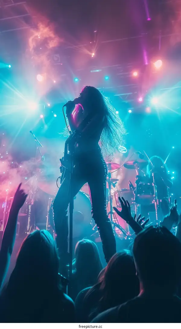 Rock concert with long haired female singer on stage holding a microphone and an electric guitar