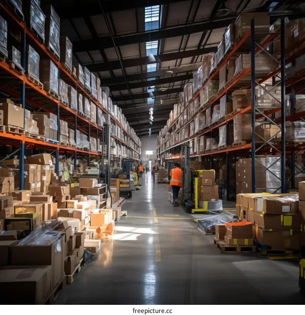 Warehouse workers in a large warehouse with shelves full of boxes