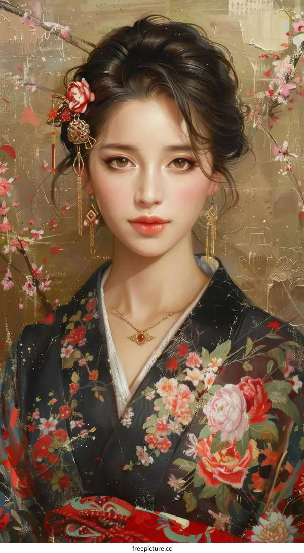 An Asian woman in a kimono with a red and white flower pattern and a pink rose in her hair.