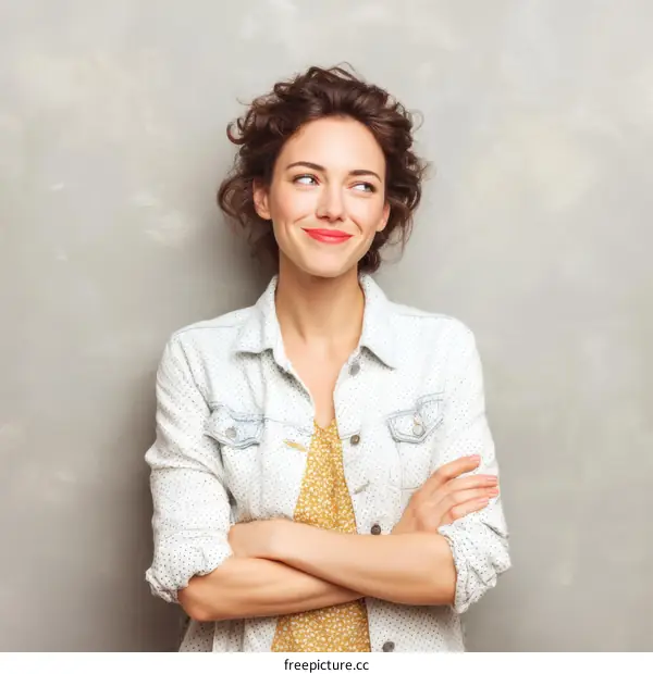 Smiling Woman Posing Against a Gray Wall