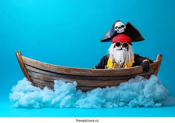 Pirate in a Wooden Rowboat on a Cloud Sea