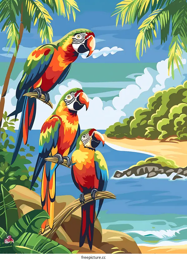 Three Macaws on Palm Tree Branch by Tropical Beach