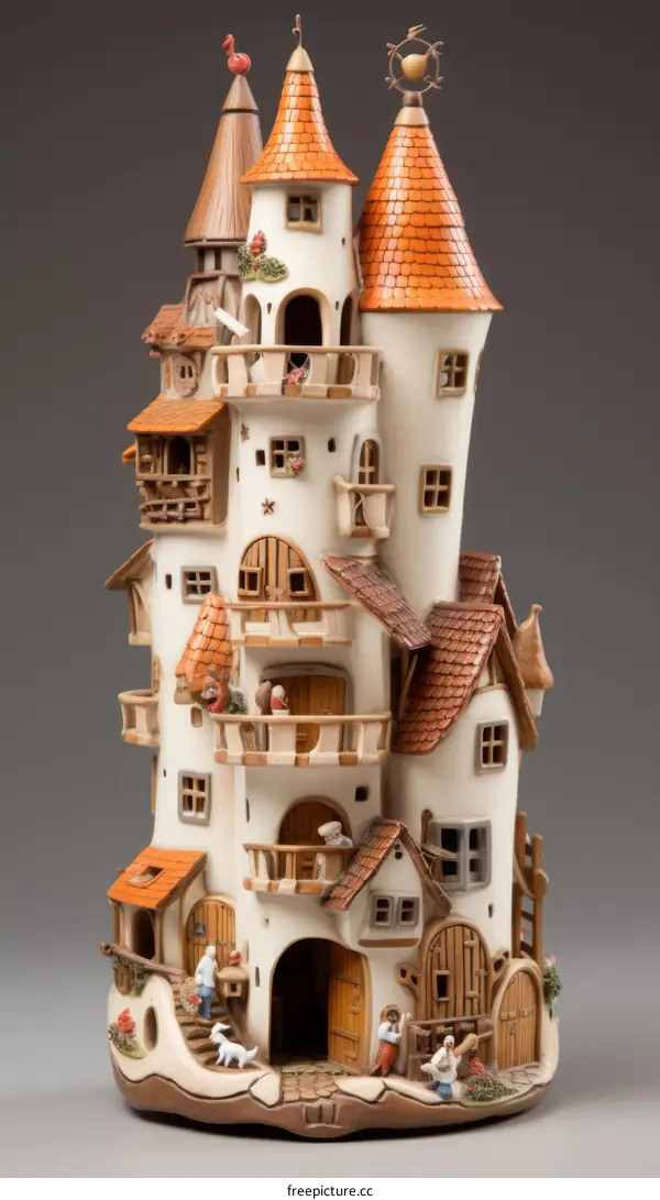 Whimsical Multi-Story Ceramic House Sculpture with Turrets and Balconies