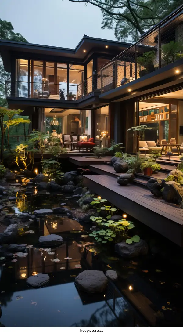A tranquil setting of a house with a pond and a garden
