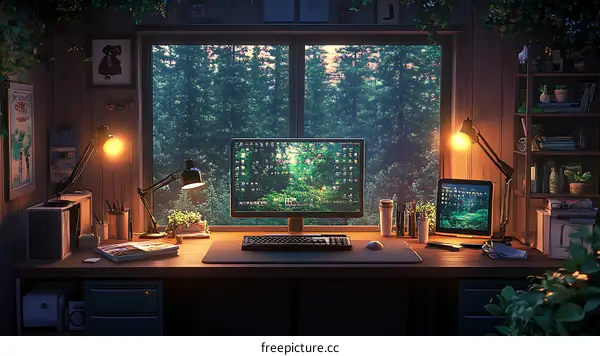 Cozy Forest-View Home Office Illustration