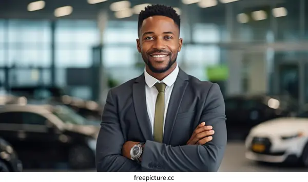 Portrait of a successful African American businessman in a suit and tie standing in a car dealership with his arms crossed