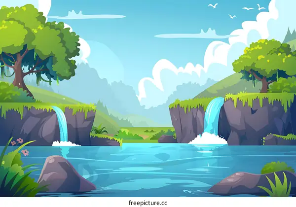 Cartoon Landscape With Waterfalls And River