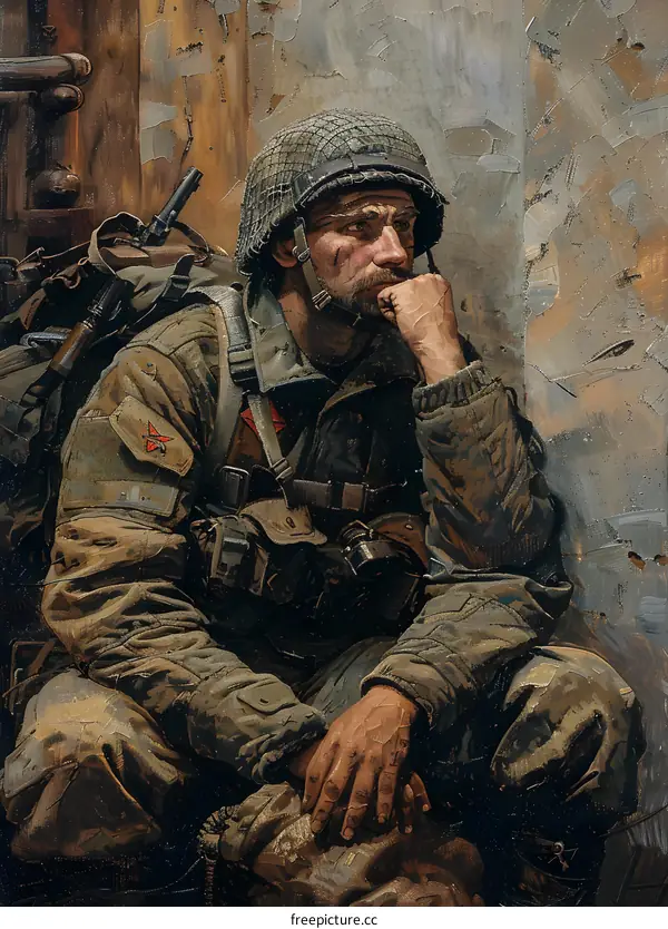 A soldier sits on a rock in front of a stone building. He is wearing a helmet and a backpack. He looks tired and thoughtful.