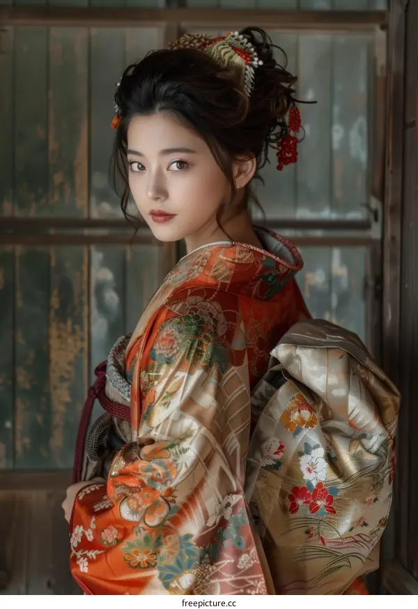 Portrait of a young woman in a kimono