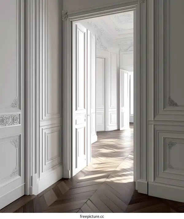 White Doorway and Parquet Flooring in Classic Interior Design