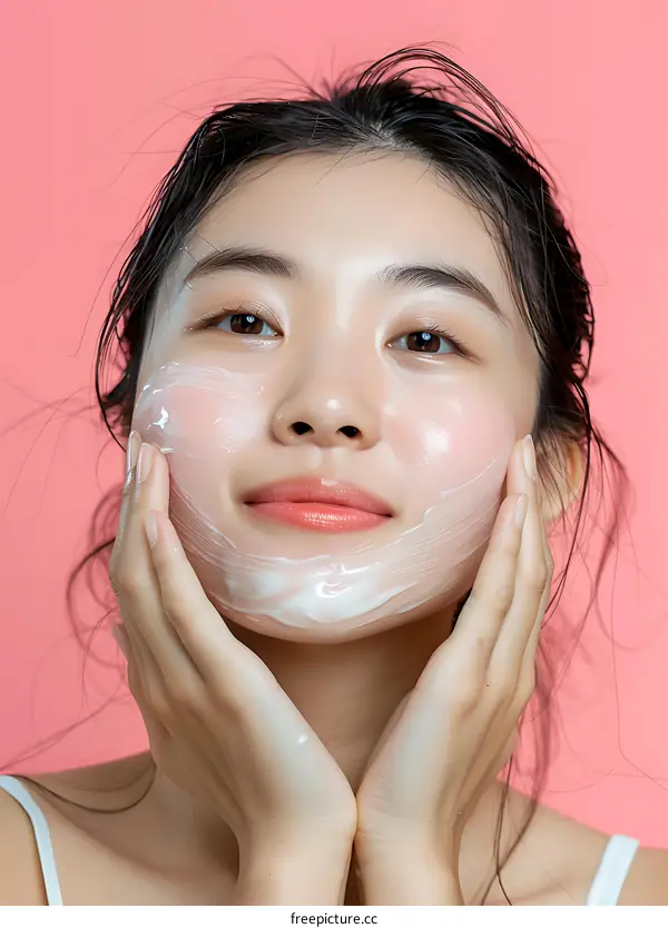Close-up Asian Woman Applying Facial Cream