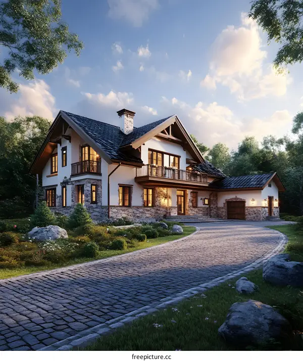 Modern House with Stone Exterior and Cobblestone Driveway