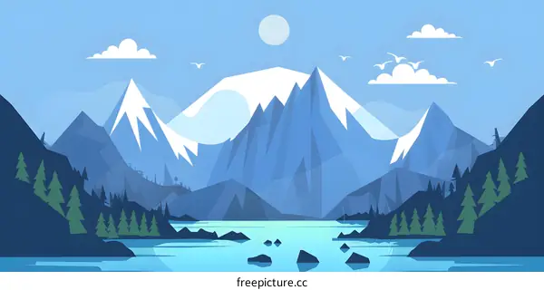 Blue Mountain Landscape with Lake and Birds