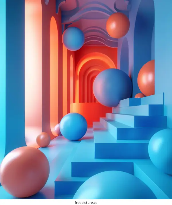 Geometric Abstractions in Surreal Hallway in Blue and Orange