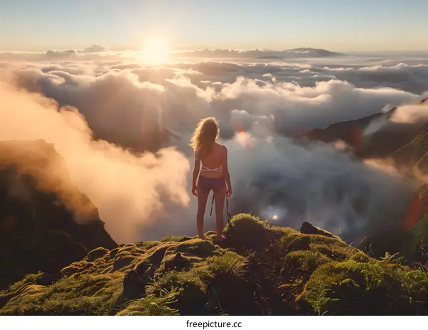 Woman Standing on Mountaintop Above Clouds at Sunset