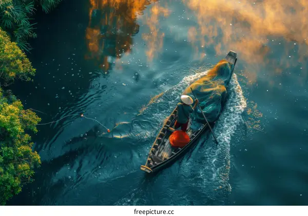 A fisherman in a boat on a river in Vietnam.