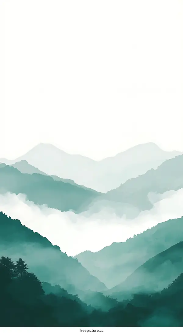 Watercolor Painting of Mountains and Fog
