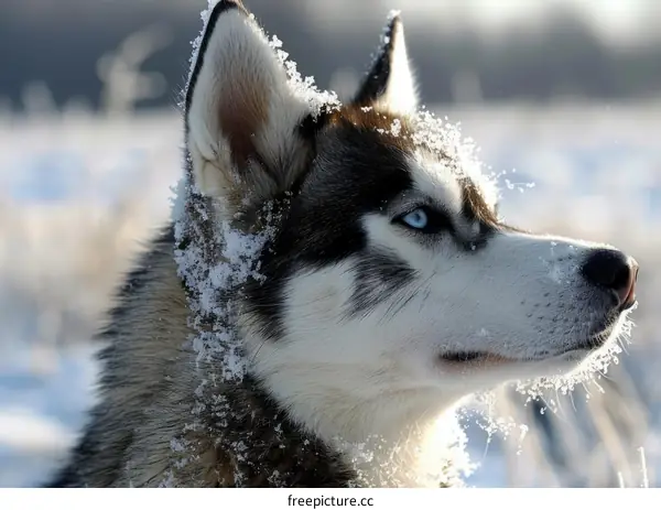 A Siberian Husky stands in snowy landscape