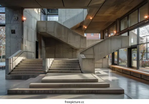 Brutalism Architecture Concrete Staircase with Large Windows and People