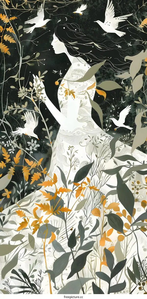 Woman with Long Hair Surrounded by Plants and Birds