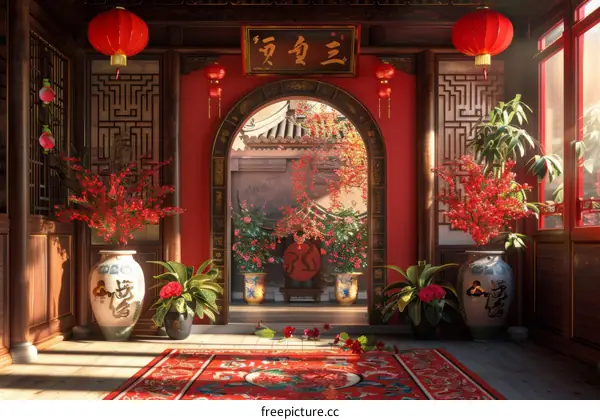 Traditional Chinese Interior Design with Red Decorations