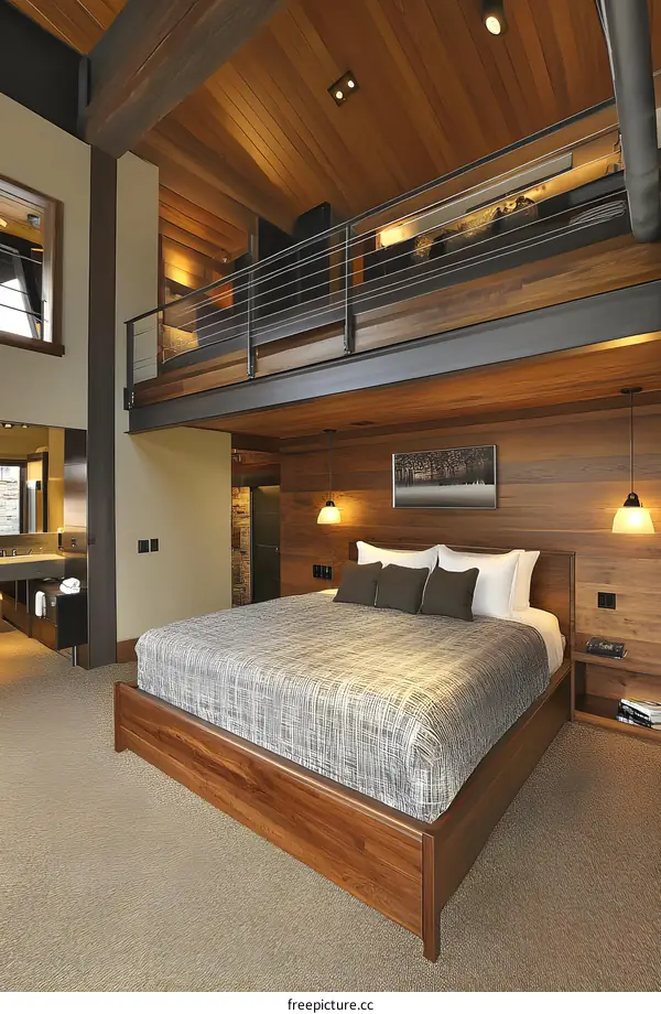Modern Bedroom Interior Design With Wooden Bed Frame And Wooden Wall Panels