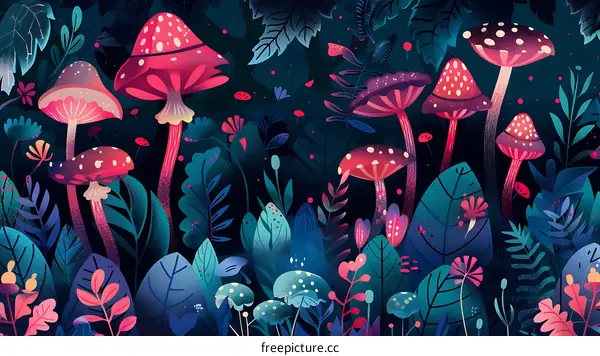 Fantasy Forest Illustration with Colorful Mushrooms and Leaves