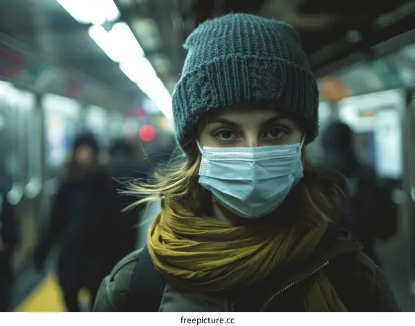 A young woman wearing a surgical mask on a subway platform
