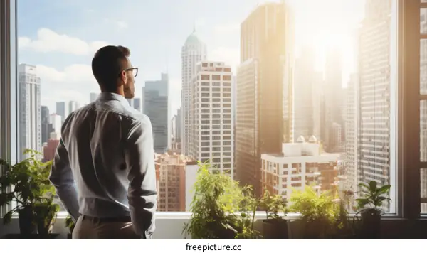 Businessman looking at the city from the office window