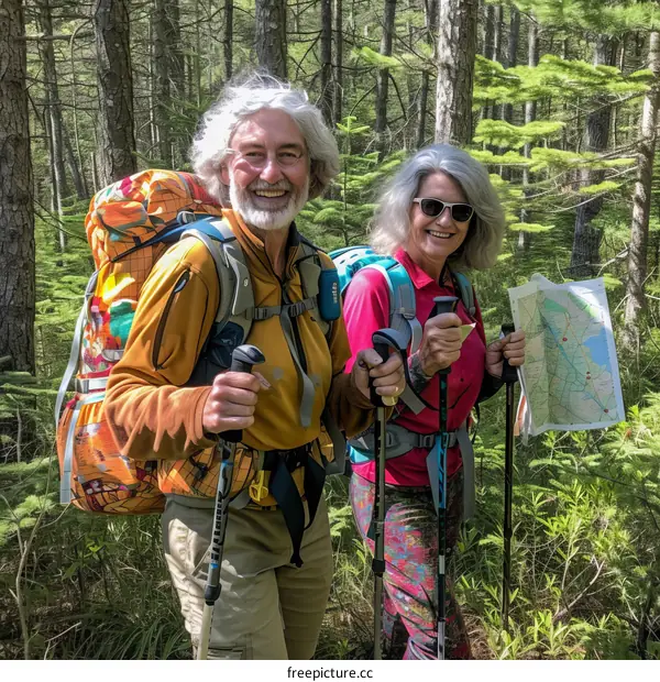 Two elderly people are hiking in the forest