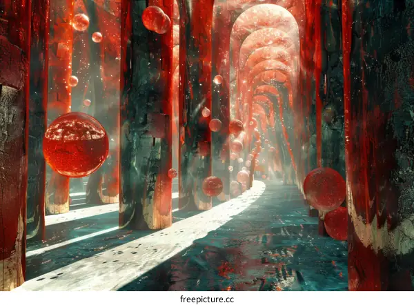 Mystical Glowing Corridor with Red Spheres