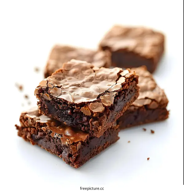 Freshly baked brownies on white background