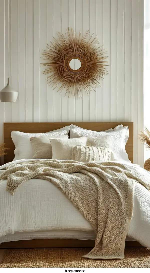 Modern Beige Bedroom Interior Design with Sunburst Mirror