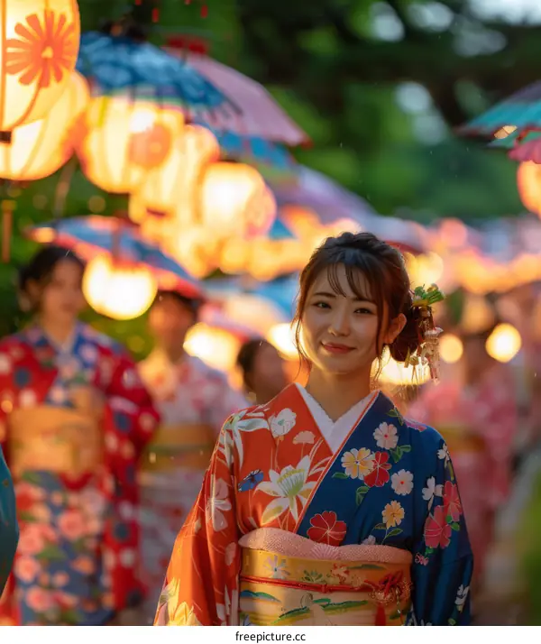 A smiling woman in a kimono at a Japanese festival