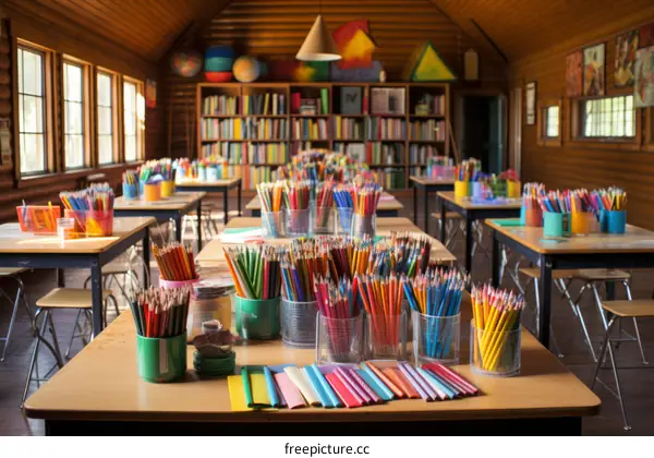 A classroom full of tables and chairs with supplies
