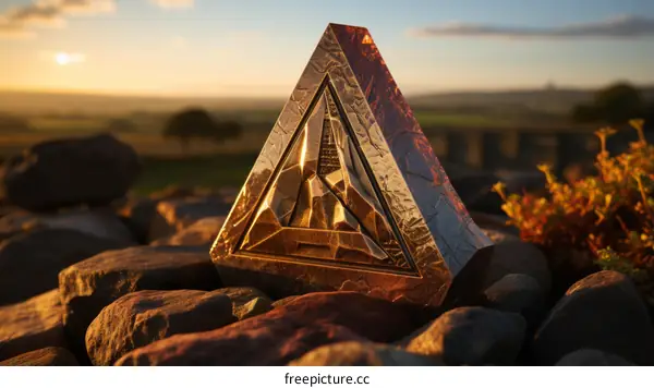 Golden Triangular Sculpture Rests on Rocky Terrain