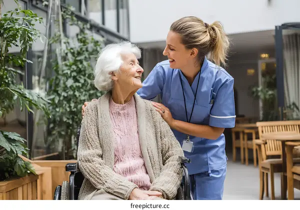 Caregiver Supporting Elderly Woman in Wheelchair