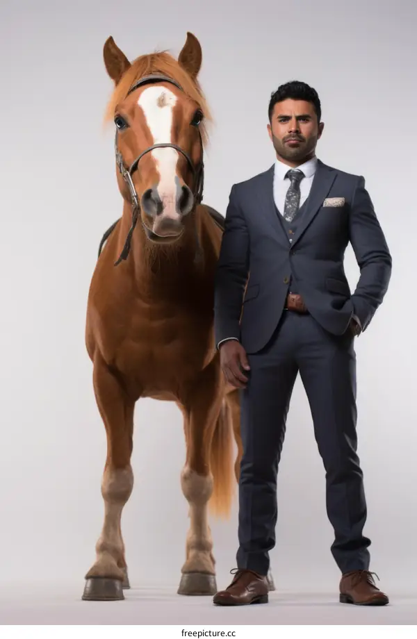 A man in a suit standing next to a brown horse