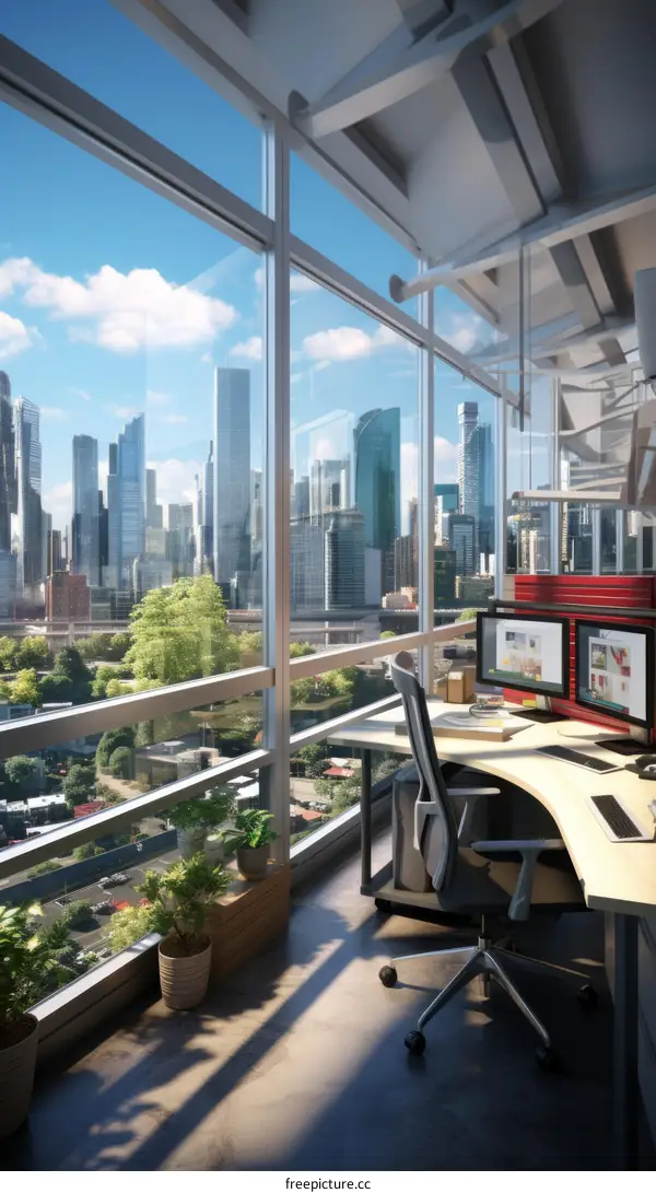 A modern office with a view of the city