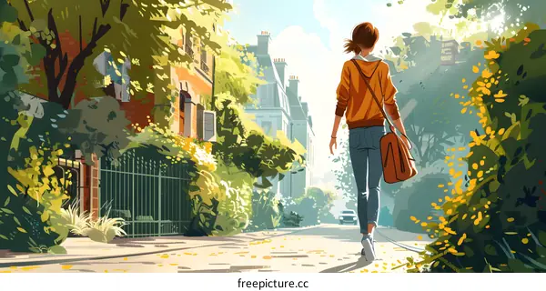 Woman Walking Through a Sunny City Street