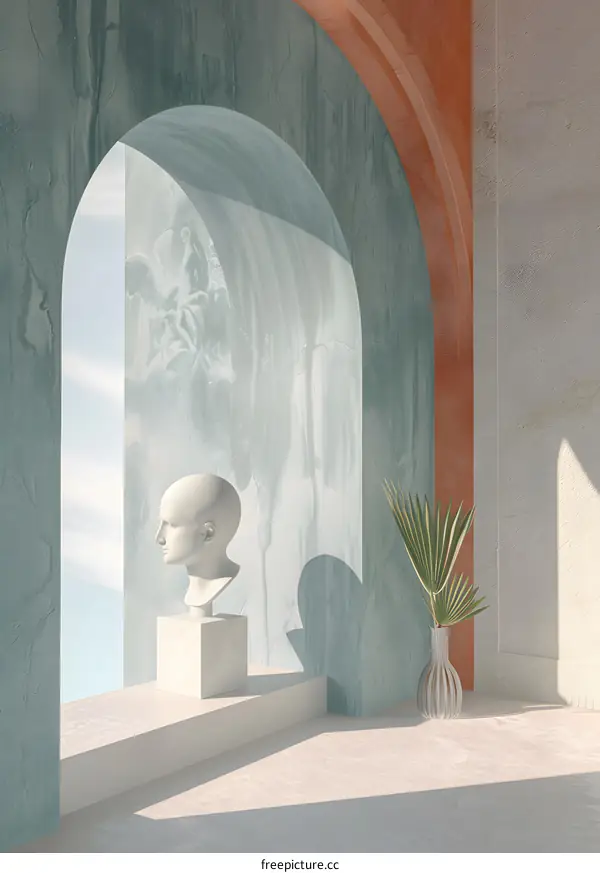 Minimalist Interior Design with Archway, Sculpture, and Plant