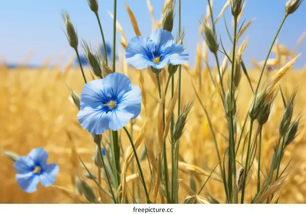 Blue flax flowers in a golden wheat field
