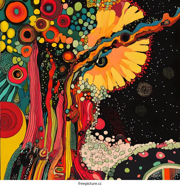 Abstract Painting with Colorful Shapes and Black Background